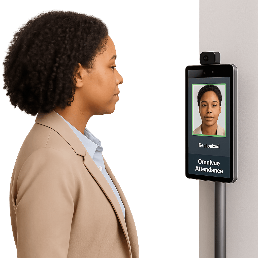 Employee using Omnivue facial recognition attendance system