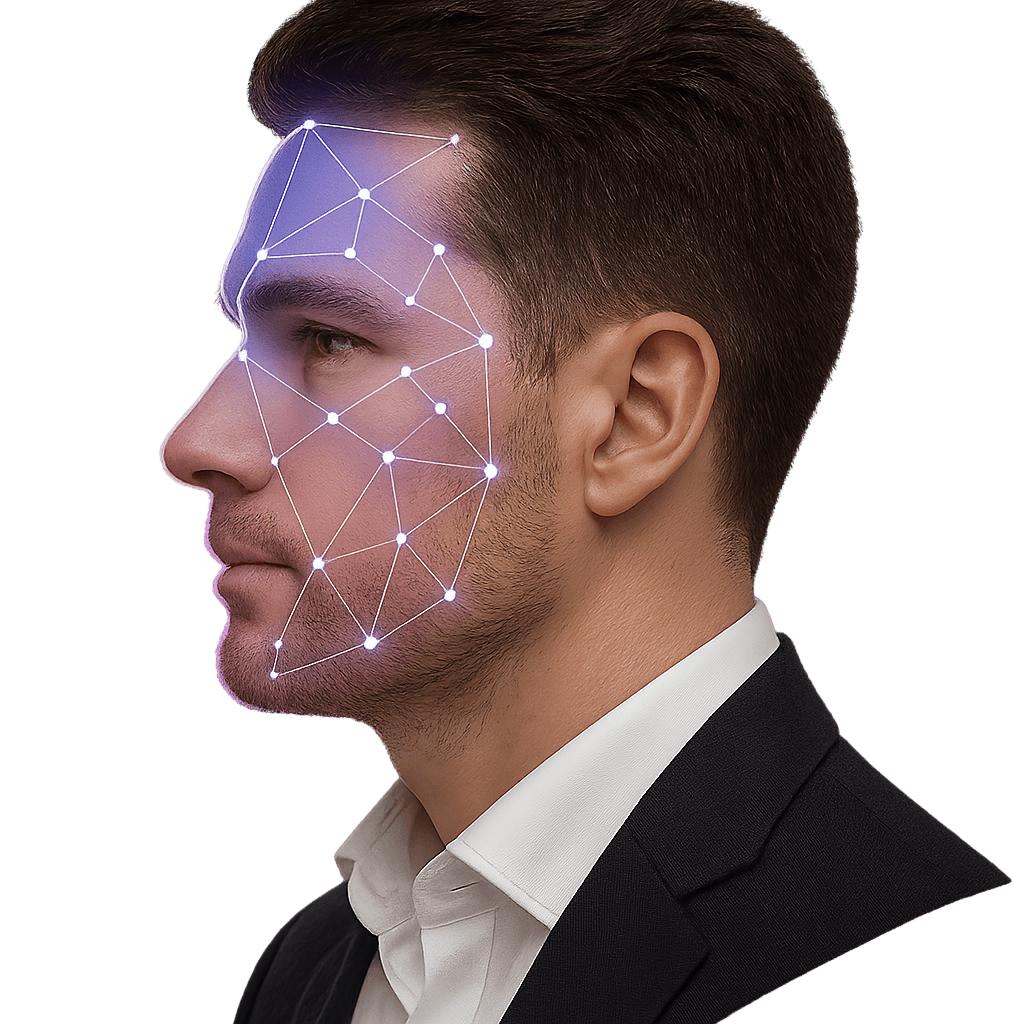 Abstract AI face silhouette made of points and lines