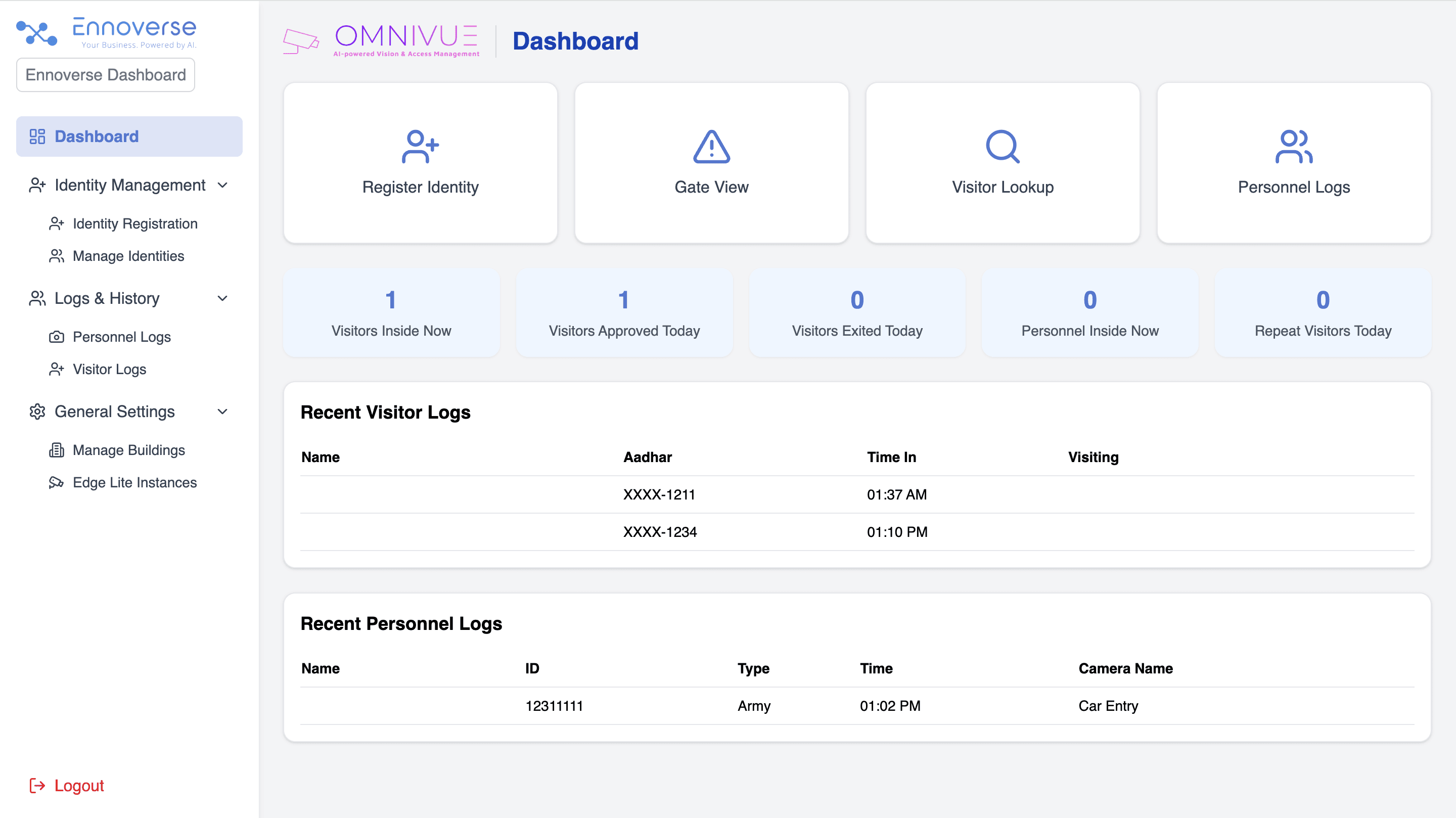Attendance Dashboard — real-time stats and logs
