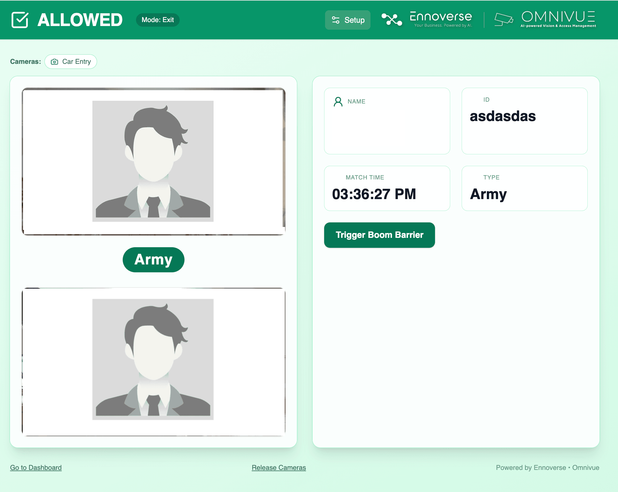 Entry Gate Match View — instant facial match and gate trigger